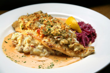 White Fish Covered with Crab Meat, Mashed Potatoes, Cream Sauce