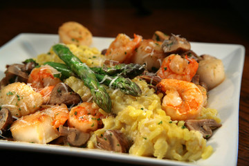 Shrimp and Scallops with Yellow Rice and Asparagus