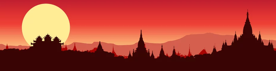 Poster Illustratief panoramisch uitzicht op Bagan in Myanmar © Isaxar