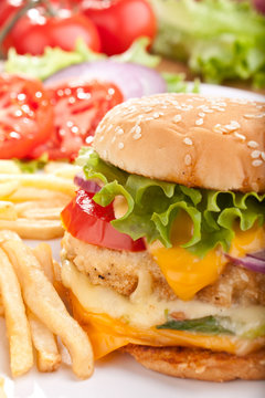 cheeseburger with fries and ingredients