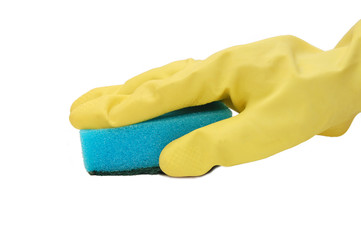 Hand in yellow glove with sponge