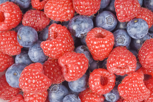 Mixed Blueberries and Raspberries Closeup
