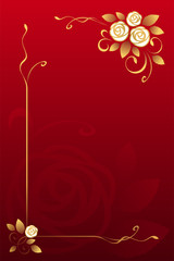 White roses and golden leaves on red background