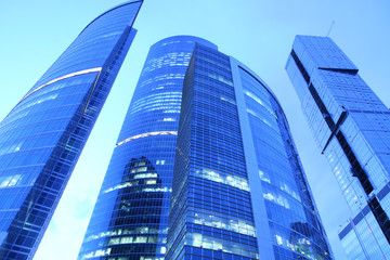 four blue skyscrapers