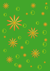The green background with flowers and bubbles
