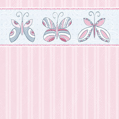 hand draw  butterflies on  pink striped background
