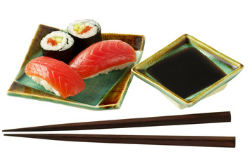 Sushi  and roll with salmon isolated over white background (path
