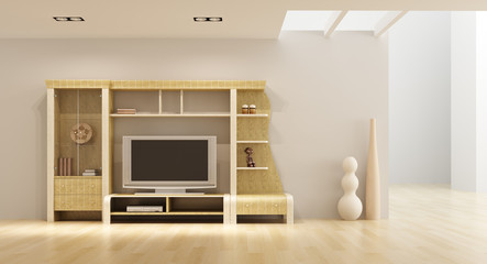 lounge room interior with bookshelf and TV