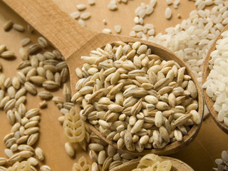 Wooden spoon with porridge. Shallow DOF.