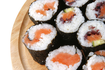 sushi on wooden plate