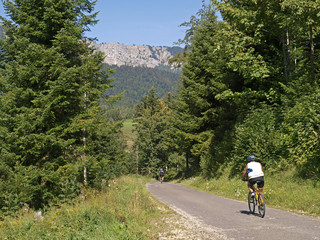 Cyclistes dans le jura, vue sur le Mont D'Or.