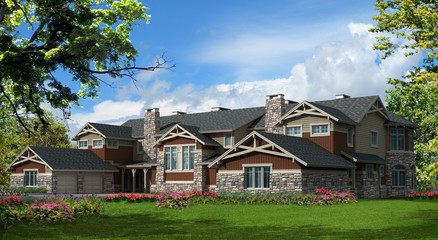 Model condominium house in landscaped foreground