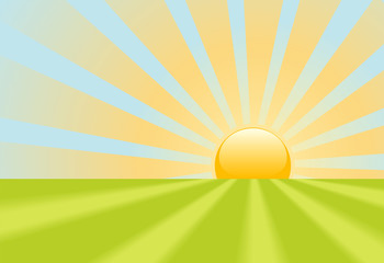 Bright yellow sunrise rays shine on earth scene