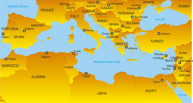 Vector color map of Mediterranean region countries