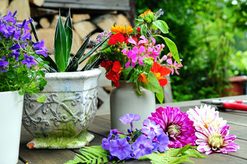 Blumen Dekoration auf Garten Tisch
