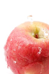 Red apple splashed with water