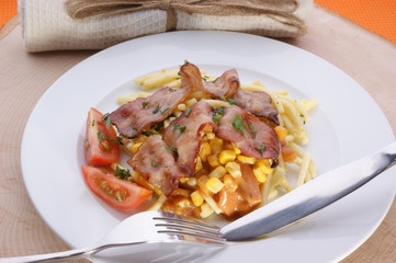 Pasta with bacon and sweet corn tomato sauce