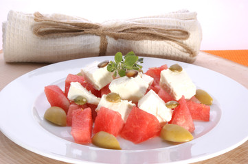 Melon and feta salad on a plate