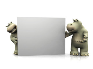 Two cartoon hippos with big blank sign.
