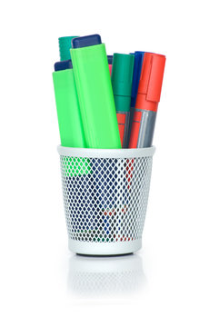 Bunch of markers in the canister. Isolated with clipping path.