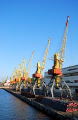 Obraz premium Tall yellow lifting cranes