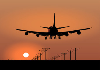 Fototapeta na wymiar Jumbo Jet Vector Sunset Landing
