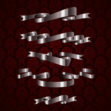 Silver royal design ribbon element on red pattern background