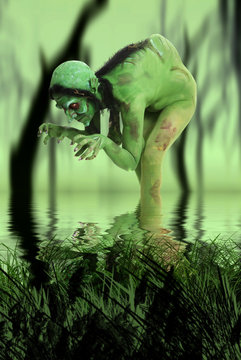 Green looking witch like creature in swamp