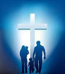 christian family walking towards a cross