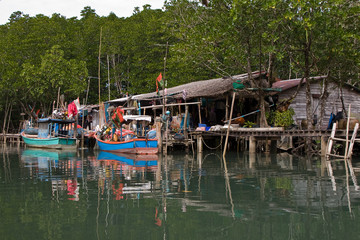 Obraz premium Fisch wird im Fischerdorf getrocknet, Mangrovensümpfe, Koh Chang