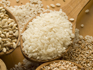 Wooden spoon with rice. Shallow DOF.