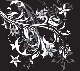 Papier Peint photo Lavable Fleurs noir et blanc abstraction florale sur fond noir