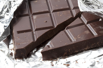 Bar of broken chocolate in tinfoil