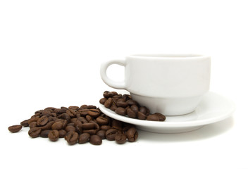 Cup of coffee and coffee grains