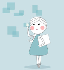 business girl pressing a touchscreen button