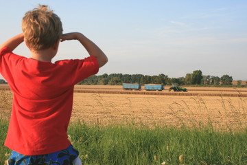 Kind schaut bei der Ernte dem Traktor zu