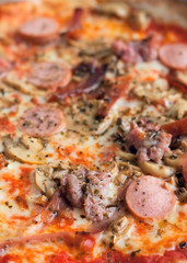 Closeup of italian ham pizza slice