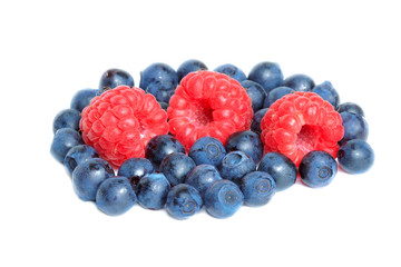 Ripe blueberries and raspberries.