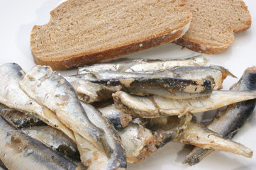 some sprats and bread on a white plate
