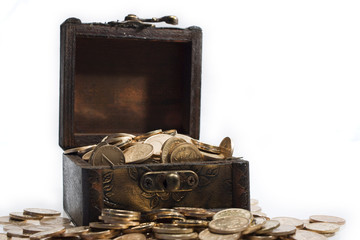 Wooden chest with coins inside isolated © Ivaylo