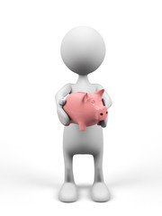 3d cartoon man  with piggy bank.