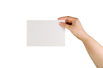 Obraz premium Hand holding a paper card (isolated on white)