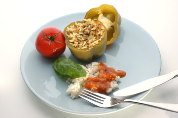 Green mince filled paprika with basil leaf and rice