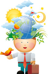 Little office man with many ecologic thoughts in his mind