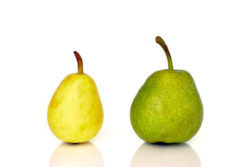 Green pear and yellow pear before white background