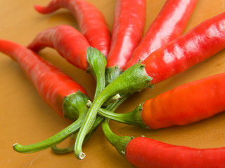 Red hot chili peppers closeup. Shallow DOF.