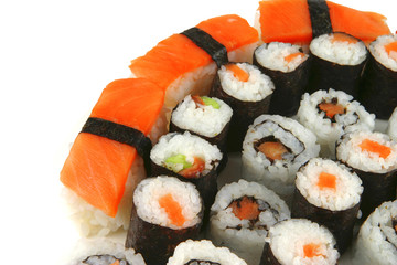 mixed sushi types on white