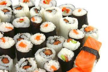 sushi and sashimi on white