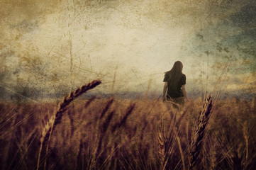 girl in wheat field paper texture background