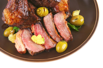 rib's top view on old style dish